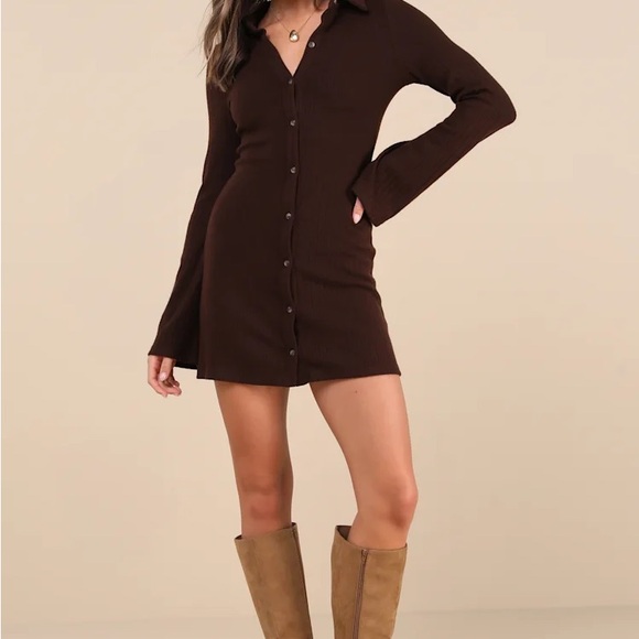 Lulu's Cuddly Sweetness Brown Button-Front Sweater Mini Dress - Picture 2 of 8